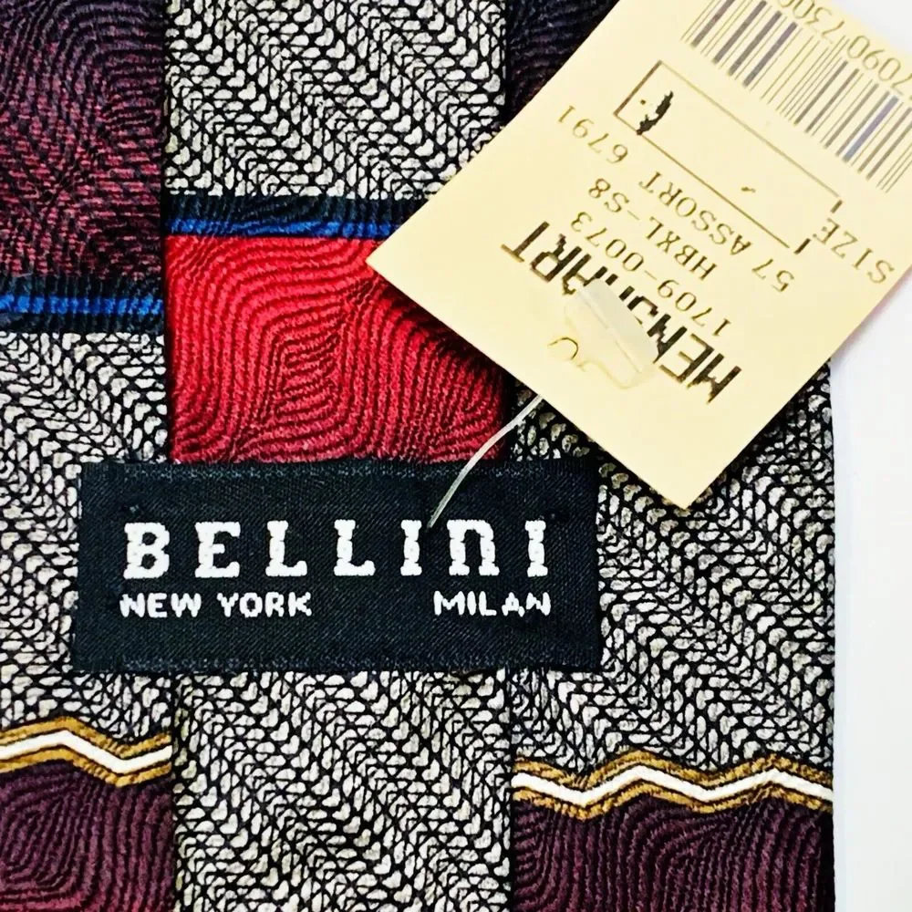 Bellini Silk Necktie‎ Mens OS Burgundy Silver NWT Vintage 90s Striped Wide Tie